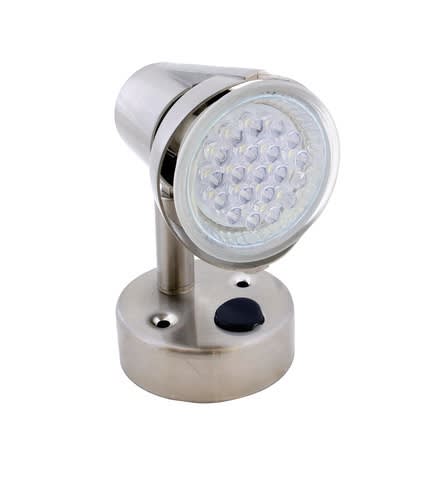 The Valterra DG52641VP LED reading spotlight light is a 12-volt, surface-mount wall sconce designed for RV and home interiors, featuring a daylight white (5500K) swivel head LED bulb.