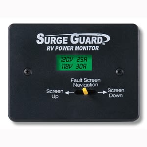 The Southwire Surge Protector Remote Display, model 40300-10, is an optional LCD monitor designed for use with compatible Surge Guard hardwired units to provide detailed information about your RV's electrical power status.