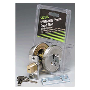 The L32CS3108 is a Valterra single-cylinder deadbolt lock, designed for RV entry doors, featuring a 1-inch throw, stainless steel finish, and accommodating door thicknesses from 1-3/8" to 1-3/4" with a standard 2-3/8" backset.