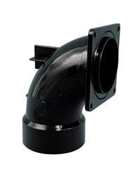The T1035-1 is a Valterra 90-degree ell sewer waste valve fitting designed for RV plumbing systems, featuring a 3-inch hub x 3-inch rotating flange connection. It is used to change the direction of waste flow from the black water tank to the sewer pipe.