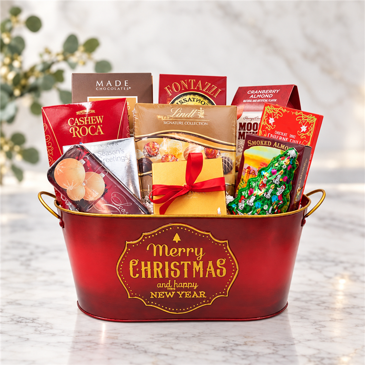 Merry Christmas and Happy New Year gift basket with chocolates and holiday treats Merry Christmas and Happy New Year gift basket with chocolates and holiday treats