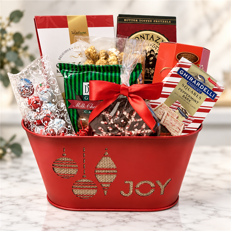 Jolly Christmas gift basket with chocolate, cookies, pretzels and peppermint treats Jolly Christmas gift basket with chocolate, cookies, pretzels and peppermint treats