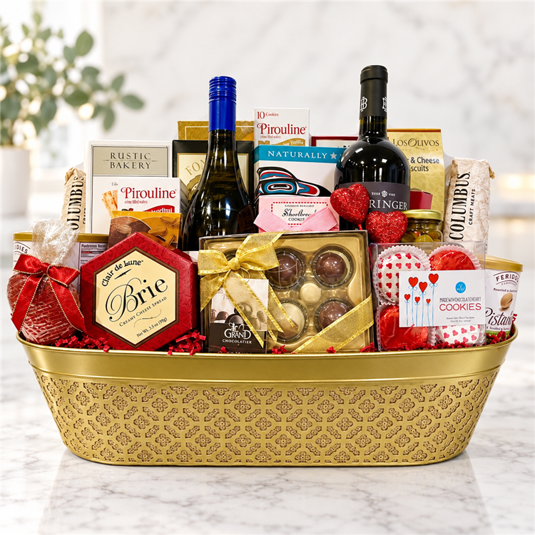 Wine and Gold Chocolate Holiday Gift Basket