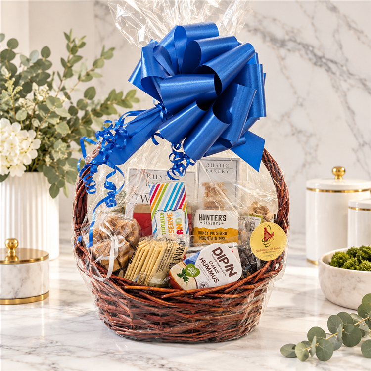 Maison Blue San Francisco Sweets & Savories Gift Basket with blue ribbon