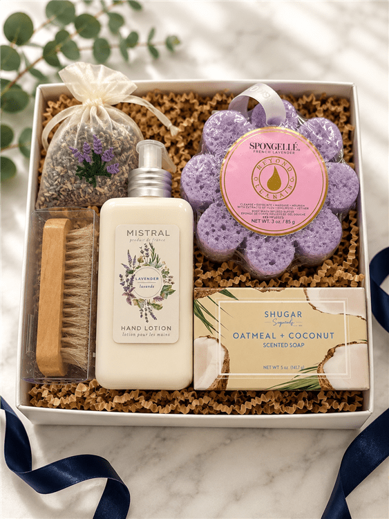 Luxury lavender spa gift tray featuring hand lotion, French lavender body buffer, oatmeal coconut soap, lavender sachet and nail brush.