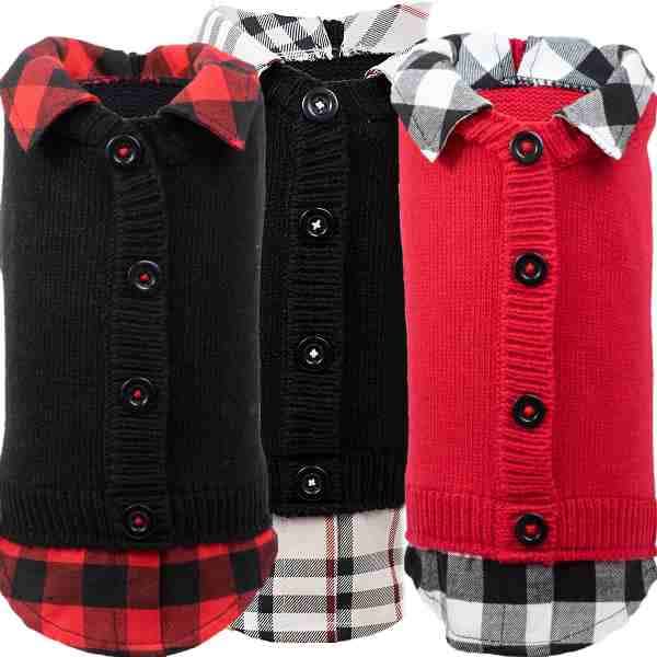 Cardigan Dog Sweater with Flannel Shirt Trim