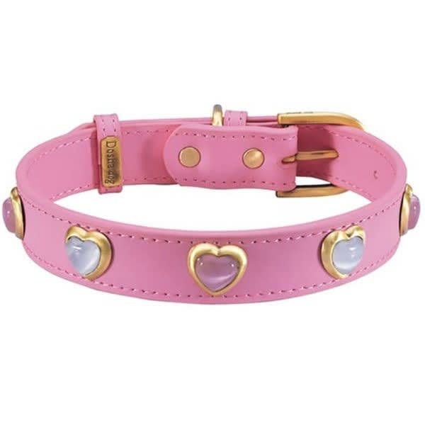 Pink and White Cat's Eye Hearts Leather Dog Collar