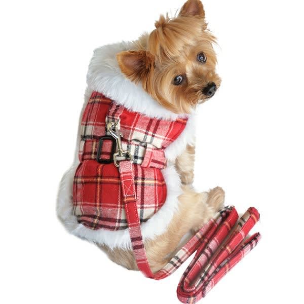 Designer Dog Coat Red Plaid with Leash - Main Image