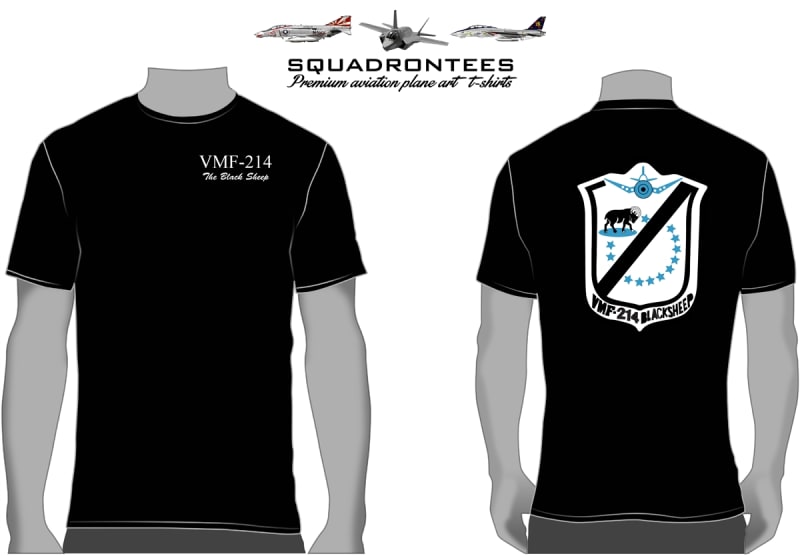 VMF-214 The Black Sheep Logo Back Squadron T-Shirt - USMC Licensed Product