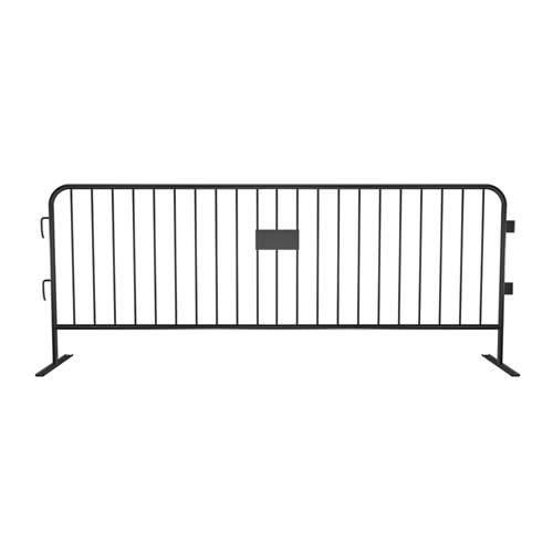 Orange 8.5ft powder coated steel crowd control barricade with flat feet and 21 upright risers, demonstrating high-visibility safety design.