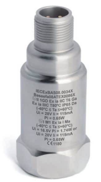 Intrinsically Safe 4-20 mA Output Sensor, Acceleration and Temperature, Top Exit MS 3 Pin 5015 Connector, Transmitter Vibration Analysis Equipment
