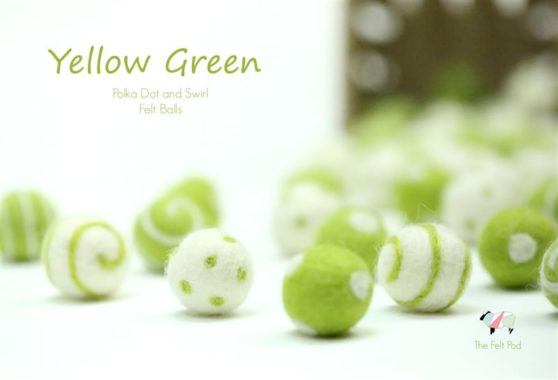 Felt Balls -  Yellow Green Dots & Swirls