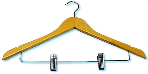 Ladie's flat suit hanger with clips, natural finish with regular open hook, chrome, No. 029-SK001G