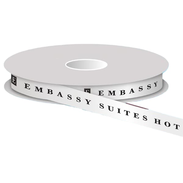 Embassy Suites custom-printed 5/8" wide, white double face satin ribbon with black logo. Price is per roll/100 yards, #1221733.