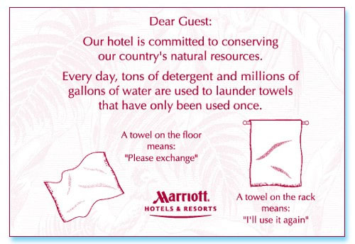 Marriott Hotels & Resorts Towel Saver tent card, #1226101