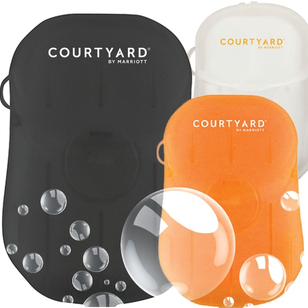 Solid White, Translucent Black, Translucent Blue Bandage Dispenser with Fairfield BY MARRIOTT logo Solid White, Translucent Black, Translucent Blue Bandage Dispenser with Fairfield BY MARRIOTT logo