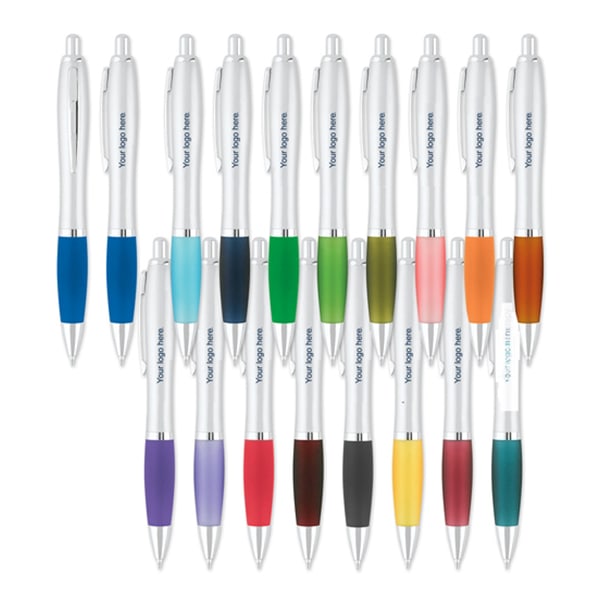Curvaceous matte Silver barrel, shiny Silver accents and bold color rubberized comfort grip