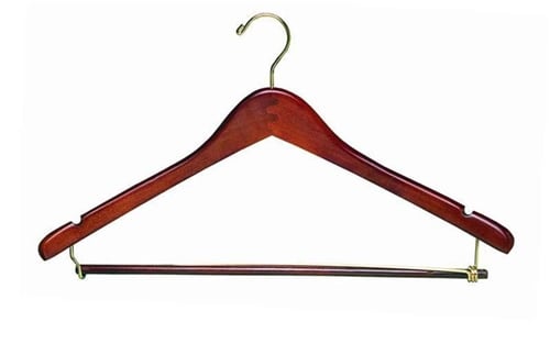 Men's Contour suit hanger with lockbar; Open Hook, WALNUT finish with brass hardware,  No. 493-34271