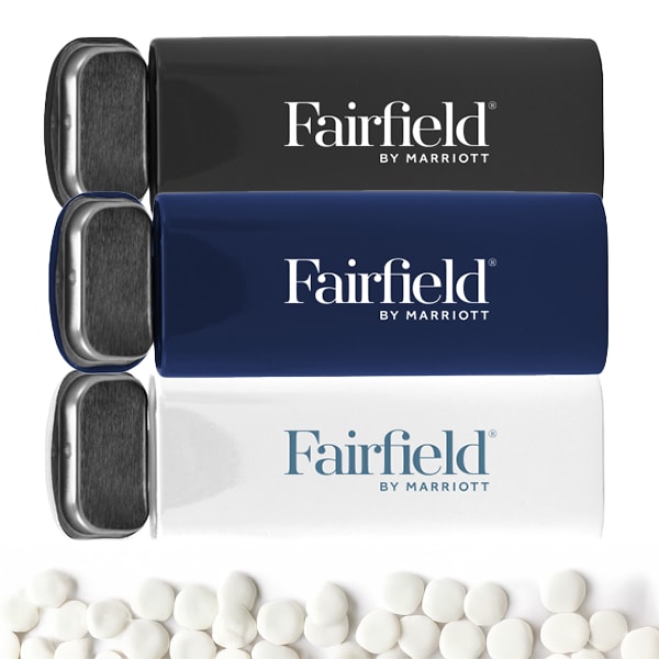 Black, Blue & White Tall Mint Tin with Fairfield BY MARRIOTT logo