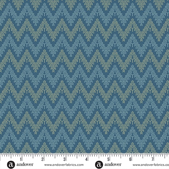 BEACH HOUSE: Current Zig Zag in Blue by Laundry Basket Quilts shows pretty zig zag motif in blue and gold.