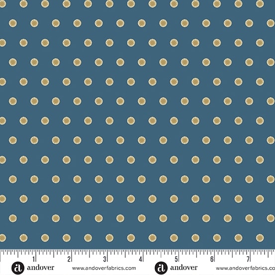 BEACH HOUSE: Sand Dollar Dot in Adriatic Blue by Laundry Basket Quilts shows a small dot in light blue and gold on a dark blue ground.