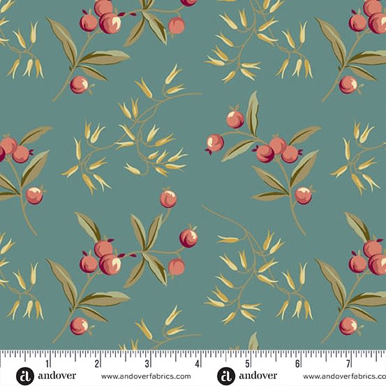 DAHLIA : Coralberry in Sage Teal by Laundry Basket Quilts shows two different tossed flower motifs  in an all-over pattern, on a teal background, one with blossoms, and one with berries,  and is a fabric for quilts and home decor projects.