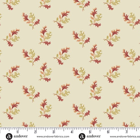 DAHLIA : Hollyberry in Dawn Cream by Laundry Basket Quilts shows a very small scale tossed holly leaf in muted reds and golds, and is a fabric for quilts and home decor project