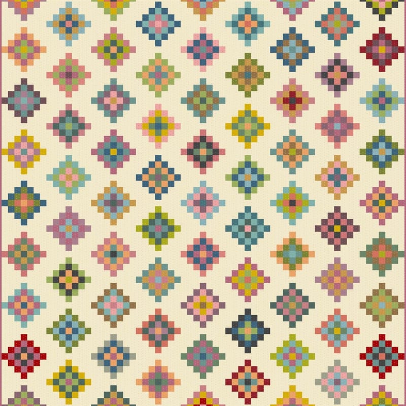 Babcia Square Quilt Pattern by Laundry Basket Quilts shows a modern quilt made with very small blocks, on the diagonal, with scrappy pieced square in a square blocks. Babcia Square Quilt Pattern by Laundry Basket Quilts shows a modern quilt made with very small blocks, on the diagonal, with scrappy pieced square in a square blocks.