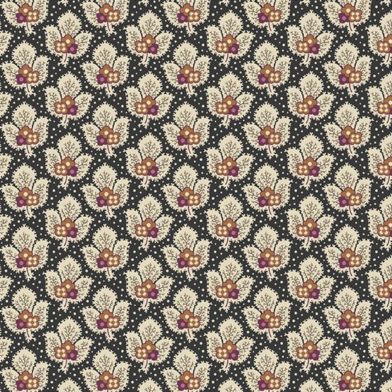This pretty leafy blender print features a leaf with 3 prongs on a black ground with teeny tiny dots in between.