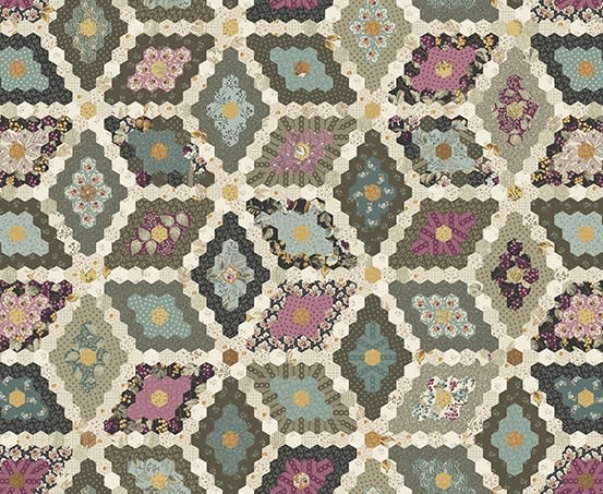 This shows a cheater cloth in shades of mint, mauve, gold, charcoal, beige and black..