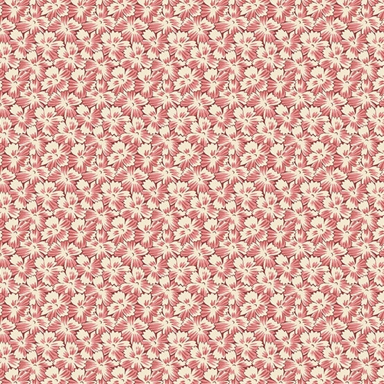 This shows a packed floral motif of a small floral in shades of cream and rose pink quartz