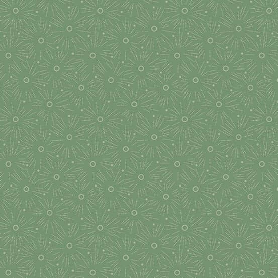 This fabric motif features a dot surrounded by rays like sunshine in shades of Tourmaline Green.