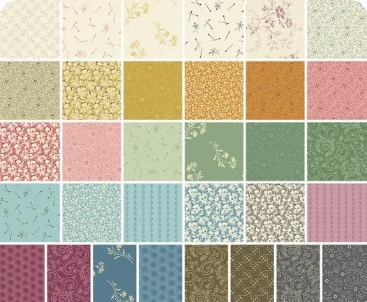This image shows the swatches of the entire Sewing Basket Fabric Collection by Laundry Basket Quilts for Andover Fabrics and its colorful array of springtime colors.