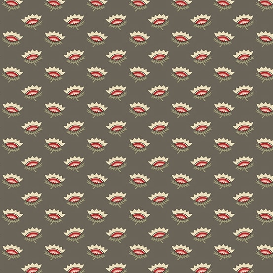 This fabric features a grey ground and a small flower with a crown head. This fabric features a grey ground and a small flower with a crown head.