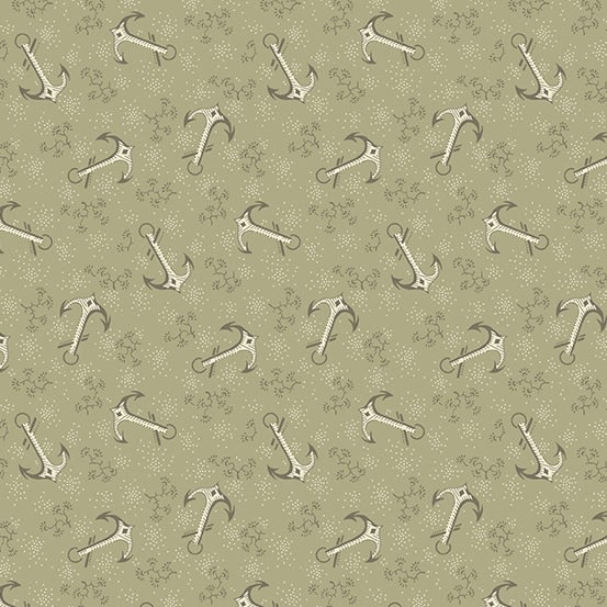 This fabric features a tossed motif featuring anchors on a sea salt sage ground. This fabric features a tossed motif featuring anchors on a sea salt sage ground.
