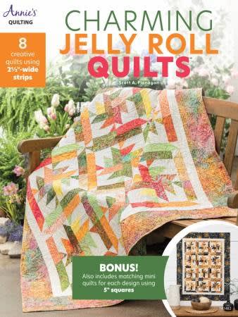 This shows the cover of Charming Jelly Roll Quilts from Annie's Quilting with 8 quilt patterns for 9.99
