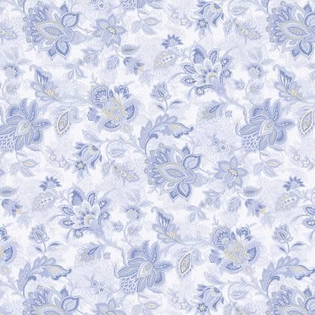 This image shows the chintz design of the Wide Backing fabric in light blue.