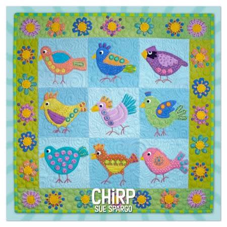 CHIRP  Wool Quilt  Pattern Book by Sue Spargo shows a small quilt featuring chicks in brightly colored wool, with heavy embroidery embellishment.