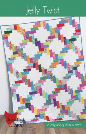 Jelly Twist Quilt Pattern by Cluck Cluck Sew Sew shows an interwoven pieced quilt in a variety of colors on a white ground.