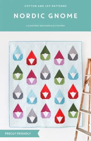Nordic Gnome Quilt Pattern by Cotton and Joy features graphic, European styled gnomes, in a colorful array of colors.
