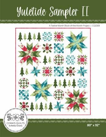 Yuletide Sampler Quilt II (BOTM) by Cora's Quilts shows a sampler quilt in teal, green and red on a white background featuring various different quilt blocks including Christmas Tree pines and stars.