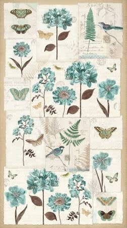 En Bleu Panel by Katie Pertiet shows a vintage looking quilt panel in the style of old world botanical prints from the 19th century with motifs of butterflies, blossoms and birds in shades of turquoise, caramel, chocolate and cream.