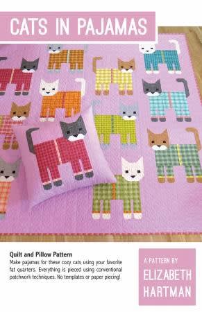 CATS IN Pajamas Quilt Pattern by Elizabeth Hartman shows a pink quilt with mutiple scrappy colored quilts in plaid pajamas.