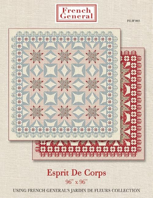 Esprit De Corps Quilt Pattern by French General shows 2 colorways. one blue and one red, of a star quilt designed with both large and small stars and a scalloped appliqued border. Esprit De Corps Quilt Pattern by French General shows 2 colorways. one blue and one red, of a star quilt designed with both large and small stars and a scalloped appliqued border.