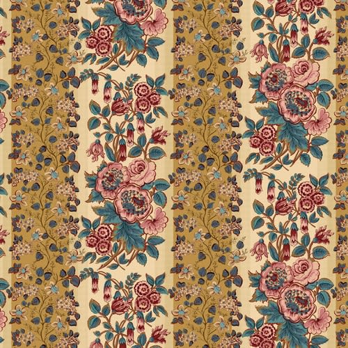 BANNARD HILLS: Cream Border Stripe by Michelle Yeo shows a large striped fabric with cream and gold  stripes covered with flowers.