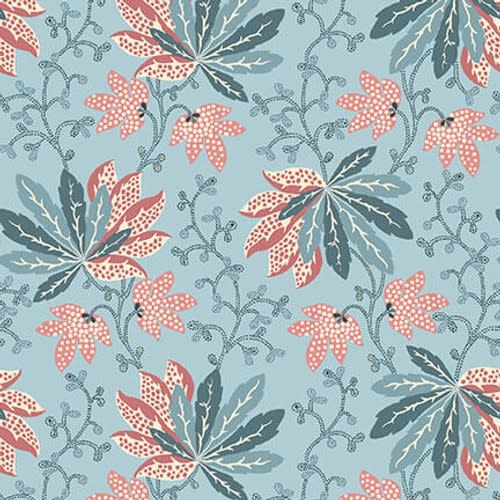 BANNARD HILLS: Chintz floral Fan Leaf Floral showcases clusters of leaves in light teal blue and pinks. BANNARD HILLS: Chintz floral Fan Leaf Floral showcases clusters of leaves in light teal blue and pinks.