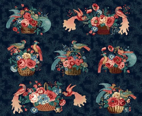 PHILOMENA: Baskets & Birds Prussian Blue by Michelle Yeo PHILOMENA: Baskets & Birds Prussian Blue by Michelle Yeo