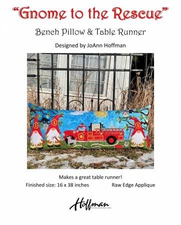 Gnome to the Rescue Pillow and Table Runner Pattern shows a big red firetruck.