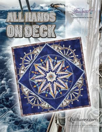 ALL HANDS ON DECK Quilt Pattern by Judy Niemeyer shows a dark navy mariners compass quilt.