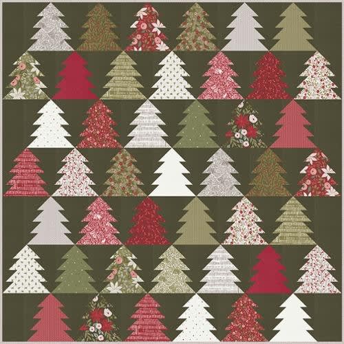 Fir Tree Lane Quilt Pattern from Lella Boutique shows a quilt with Christmas trees in many colors on a dark green background.